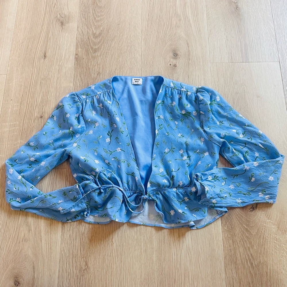 Sunday Best Light Blue Floral Tie-Front Blouse